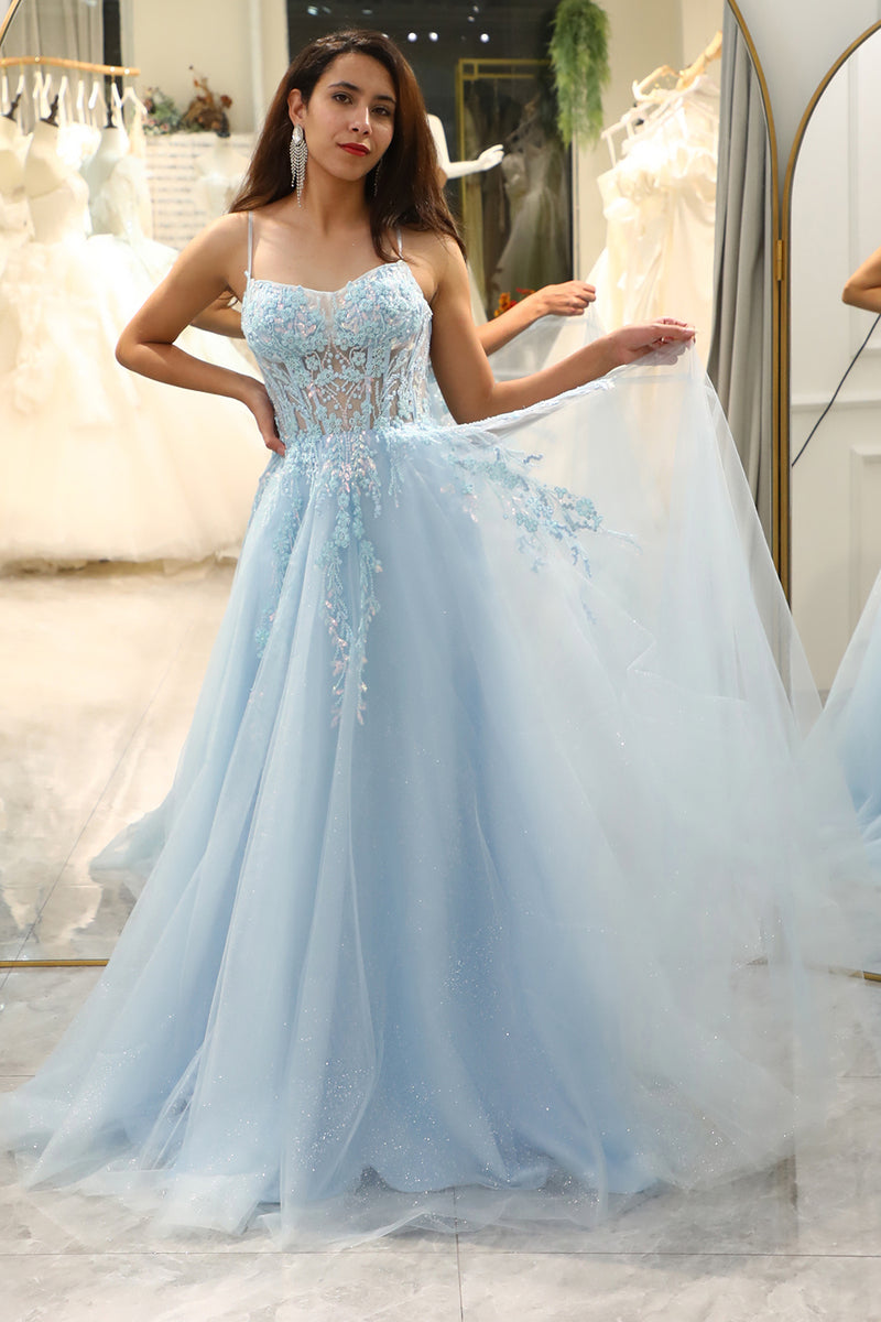 Load image into Gallery viewer, A Line Light Blue Sequin Spaghetti Straps Prom Dress With Appliques