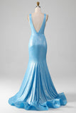 Glitter Blue V-neck Mermaid Prom Dress