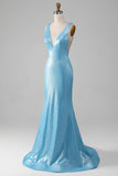 Glitter Blue V-neck Mermaid Prom Dress