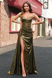 Sparkly Golden Mermaid Strapless Long Prom Dress with Slit