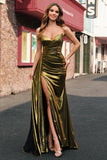 Sparkly Golden Mermaid Strapless Long Prom Dress with Slit