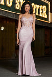 Glitter Blush Mermaid Spaghetti Straps Long Prom Dress with Beading