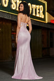 Glitter Blush Mermaid Spaghetti Straps Long Prom Dress with Beading