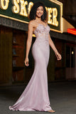 Glitter Blush Mermaid Spaghetti Straps Long Prom Dress with Beading