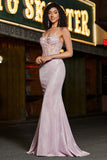 Glitter Blush Mermaid Spaghetti Straps Long Prom Dress with Beading