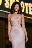 Glitter Blush Mermaid Spaghetti Straps Long Prom Dress with Beading