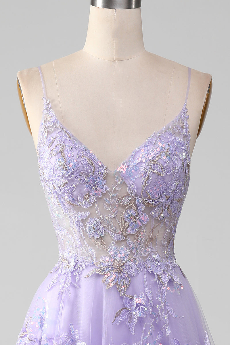 Load image into Gallery viewer, A-Line Sequins Purple Prom Dress with Embroidery