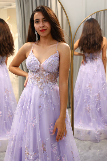 A-Line Sequins Purple Prom Dress with Embroidery