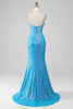 Load image into Gallery viewer, Spaghetti Straps Blue Sparkly Corset Prom Dress with Slit