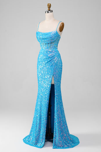 Spaghetti Straps Blue Sparkly Corset Prom Dress with Slit