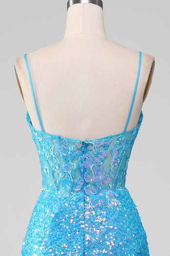 Spaghetti Straps Blue Sparkly Corset Prom Dress with Slit