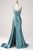 Load image into Gallery viewer, Blue Mermaid V-Neck Satin Long Appliques Sequin Prom Dress With Slit