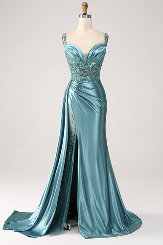 Blue Mermaid V-Neck Satin Long Appliques Sequin Prom Dress With Slit