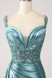 Mermaid Sparkly Champagne Watteau Train Corset Sequins Satin Prom Dress with Slit