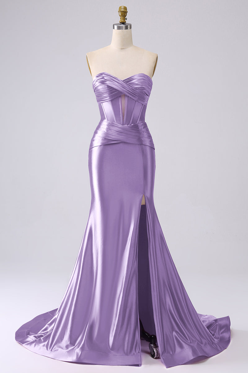 Load image into Gallery viewer, Sparkly Lilac Mermaid Sweetheart Corset Long Prom Dress with Slit