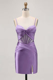 Royal Blue Sheer Corset Pleated Tight Short Prom Dress with Slit