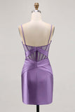 Royal Blue Sheer Corset Pleated Tight Short Prom Dress with Slit
