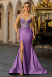 Dusty Blue Mermaid Beaded Corset Sequins Long Prom Dress with Slit