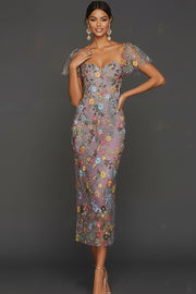 Floral Mauve Sheath Midi Wedding Guest Dress with Sleeves