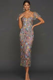 Floral Mauve Tulle Sheath Midi Wedding Guest Dress with Sleeves