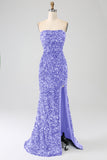 Lavender Strapless Sequins Long Mermaid Prom Dress With Slit