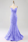 Fuchsia Sweetheart Neck Sequined Mermaid Prom Dress With Sweep Train