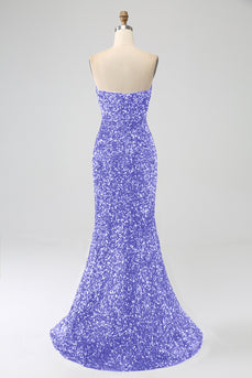 Lavender Strapless Sequins Long Mermaid Prom Dress With Slit