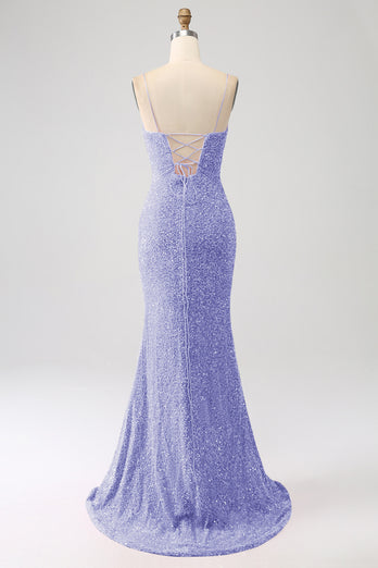Fuchsia Mermaid Spaghetti Straps Sequin Prom Dress With Split