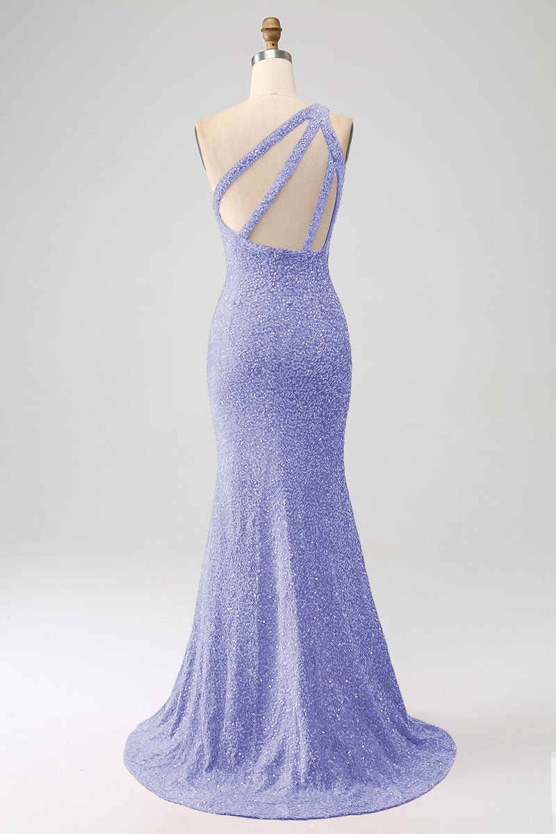 Load image into Gallery viewer, Sparkly Mermaid One Shoulder Lavender Sequins Long Prom Dress with Slit