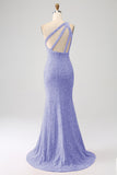 Sparkly Mermaid One Shoulder Lavender Sequins Long Prom Dress with Slit