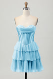Fuchsia Strapless Corset Tiered A Line Short Prom Dress