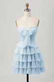Yellow Strapless A Line Tiered Short Prom Dress with Bow