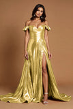 Golden Off The Shoulder A Line Prom Dress With Slit