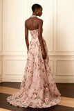 Purple Strapless Appliqued A-Line Long Prom Dress With 3D Flowers