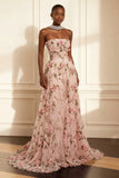 Purple Strapless Appliqued A-Line Long Prom Dress With 3D Flowers