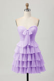 Yellow Strapless A Line Tiered Short Prom Dress with Bow
