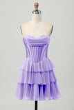 Fuchsia Strapless Corset Tiered A Line Short Prom Dress