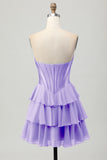 Fuchsia Strapless Corset Tiered A Line Short Prom Dress