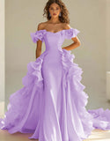 Yellow Off The Shoulder Mermaid Ruffles Satin Prom Dress