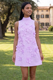 Hot Pink High Neck A-Line Homecoming Dress with 3D Flowers