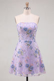 Strapless Pink A-Line Floral Sequins Short Cocktail Dress