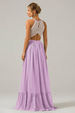 Eucalyptus Keyhole Boho Chiffon Long Bridesmaid Dress with Lace