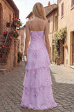 Yellow A-Line Spaghetti Straps Tiered Long Prom Dress with Floral Embroidery