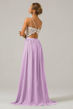 Eucalyptus Open Back Boho Chiffon Long Bridesmaid Dress with Lace