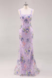 Pink Square Neck Mermaid Floral Long Prom Dress with Beading
