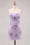 Pink Bodycon Strapless Floral Sequins Short Cocktail Dress