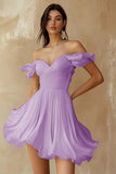 A Line Ruffled Off the Shoulder Pleated White Graduation Dress