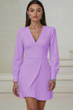 Ivory V-Neck Pleated Work Dress with Long Sleeves