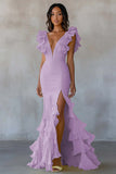 Yellow V-Neck Mermaid Ruffles Formal Dress with Slit