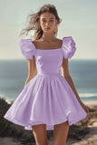 A Line White Puff Sleeves Ruched Short Graduation Dress